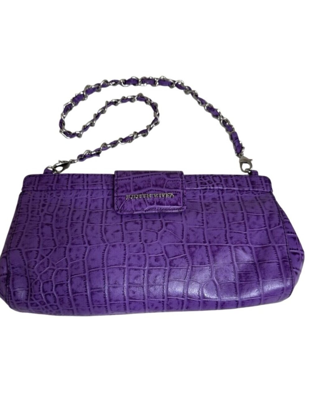 Judith Ripka Purple Croc Embossed Faux Leather Chain Strap Clutch Bag